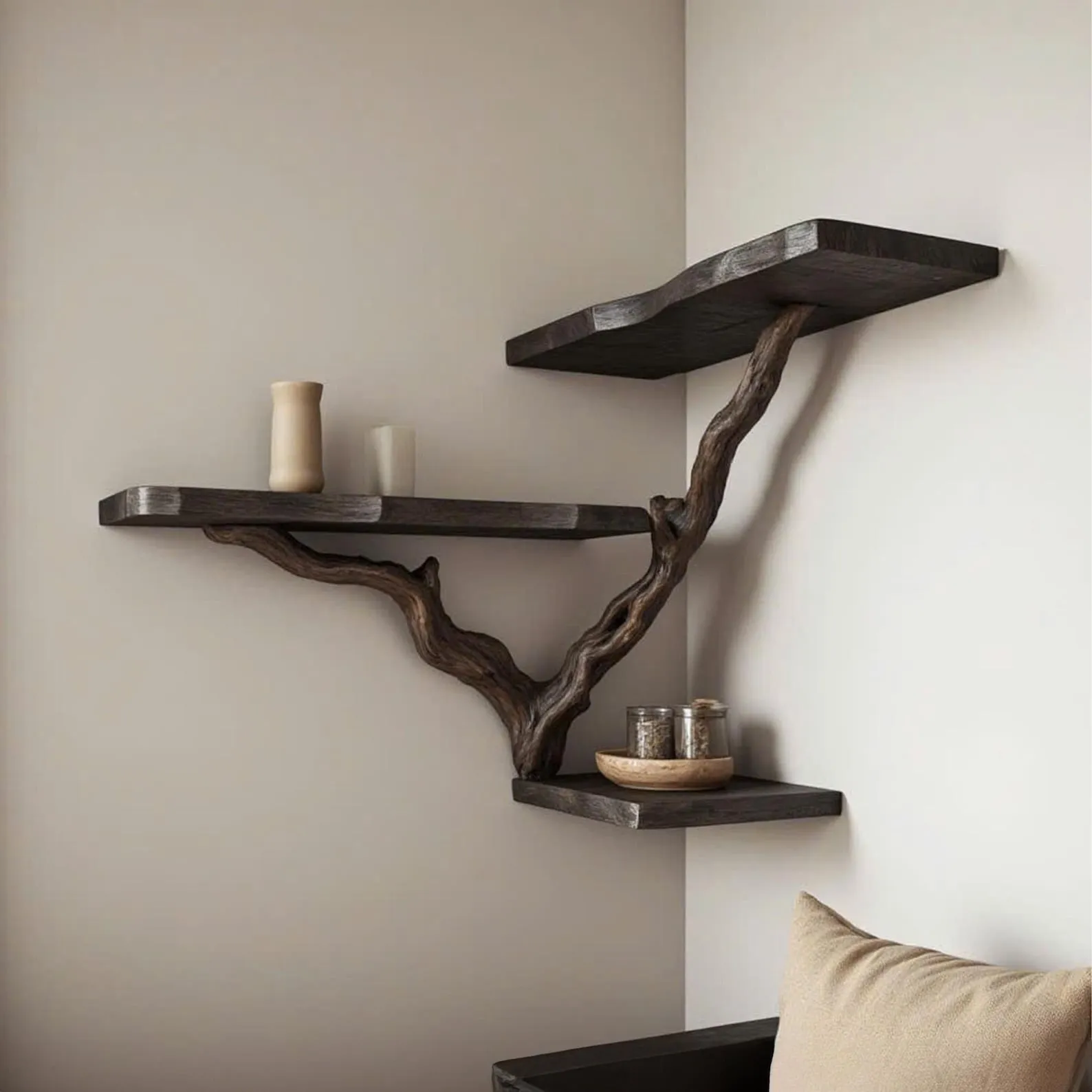 Black Corner Tree Branch Floating Wall Bookcase For Modern Living Room