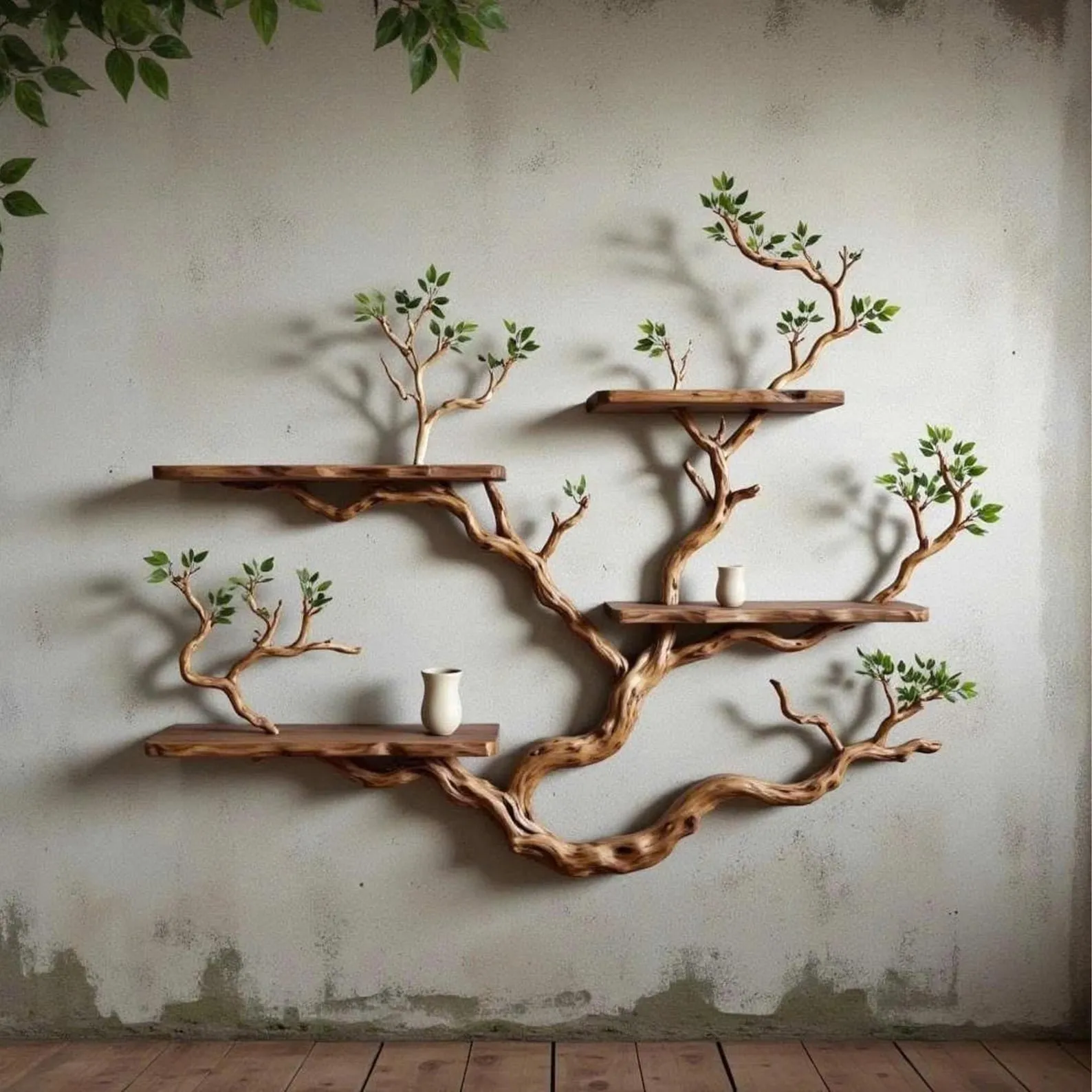Tree Branch Inspired Floating Wall Shelves With Decorative Leaf Detail