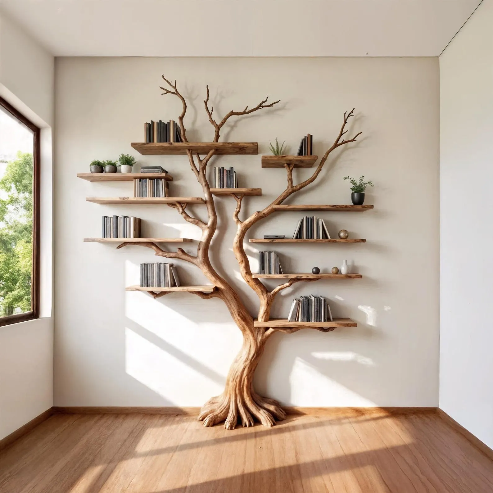 Wall Mounted Driftwood Tree Branch Bookcase In Solid Wood